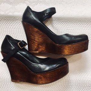 Aldo Black leather Mary-Jane wooden platforms